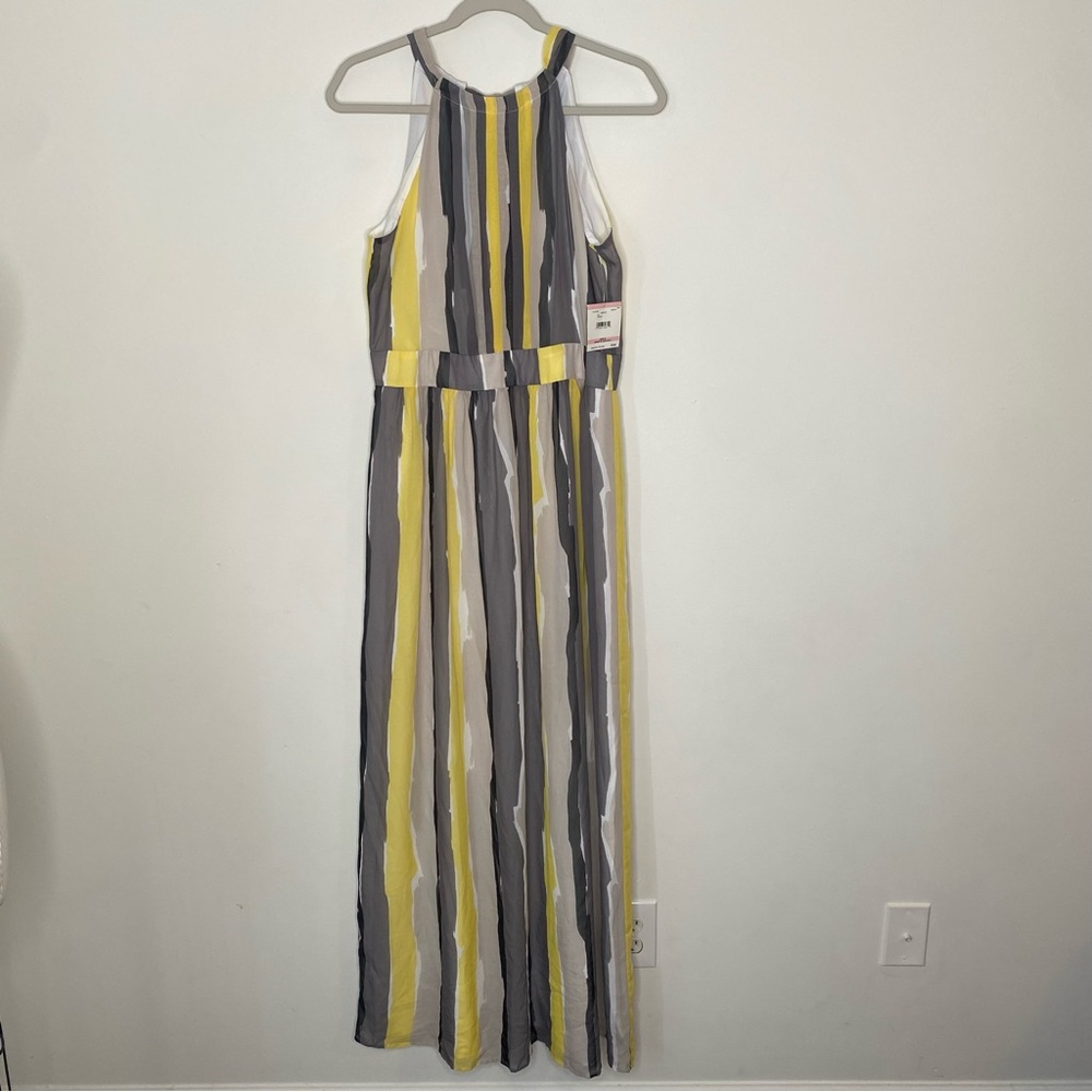 Anne Klein Chiffon Halter Neck Stripe Maxi Dress Yellow Gray White 10